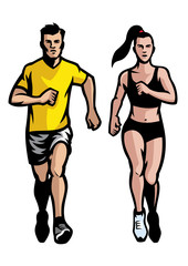 set of man and women running