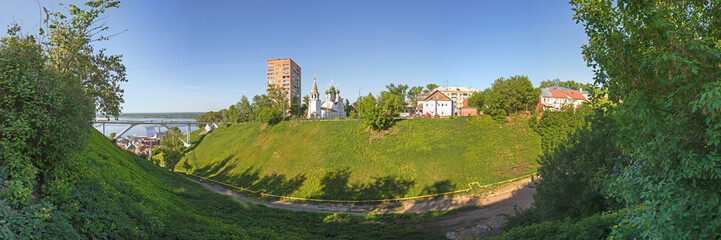 Green ravine with church and houses in Nizhny Novgorod, Russia