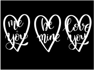 Hand drawn Valentines Day text: Me and you, be mine, love you, typography text. Celebration poster, card, postcard, banner. Romantic quote vector lettering typography. Holiday calligraphy with hearts.