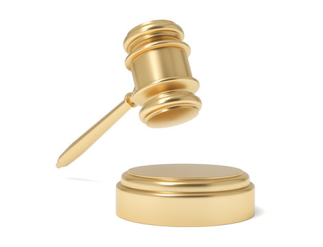 3d rendering of an isolated judge gavel in air under a sound block on a white background.