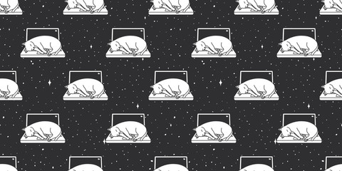 Cat Seamless Pattern vector kitten sleep notebook laptop wallpaper background isolated black