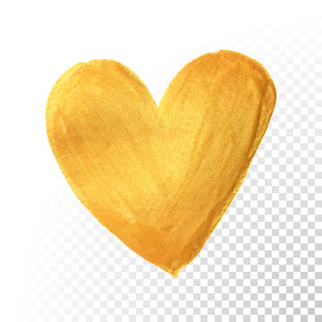 Gold Heart Paint Brush For Valentine On White Background. Vector Golden Watercolor Painting Of Heart Shape For Love Concept Design. Valentine's Day Card Heart Template