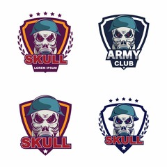 Skull in military helmet and gas mask logo