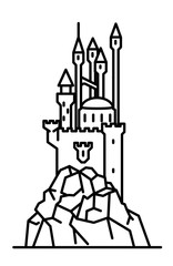 Flat line art magic castle on a cliff illustration