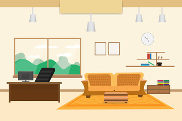 office design interior on table chair bookcase and window. vector illustration