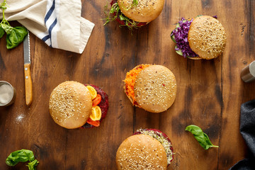 Healthy food concept. Set Vegetarian burgers with beet cutlets