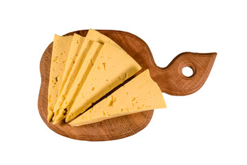 Cutting board with chopped cheese isolated on white background