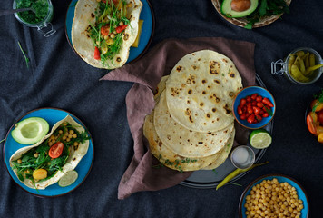 Top view Ingredients for cooking vegetarian pita with variety dip