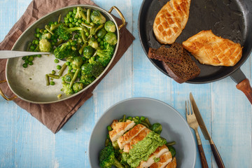 Roasted French bean, Brussels sprouts, green peas and chicken breast