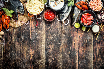 Different seafood on table.