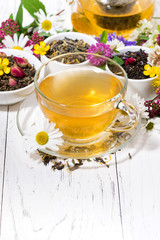 fragrant herbal tea in a cup on white background, vertical top view