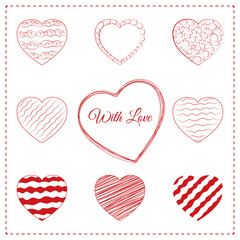 Set of hand drawn red hearts. 10 sketchy love symbols with different doodle decorations, pencil scribble and pen wave lines. Sketched vector contour illustration for valentines day or trendy wedding.
