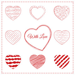 Set of hand drawn red hearts. 10 sketchy love symbols with different doodle decorations, pencil scribble and pen wave lines. Sketched vector contour illustration for valentines day or trendy wedding.