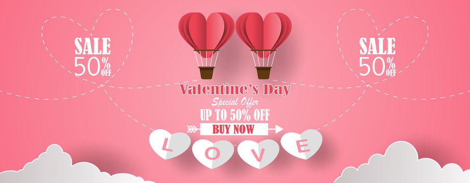 Happy Valentine's Day banners with discount offer on special occasion, give voucher, hot air balloons in the shape of a heart, paper art style.