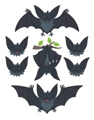 Fototapeta na wymiar Bat in various poses. Flying, hanging. Grey bat-eared snouts with different emotions. Illustration of modern flat animal emoticons on white background. Cute mascot emoji set. Halloween smiley. Vector
