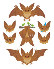 Bat in various poses. Flying, hanging. Brown bat-eared snouts with different emotions. Illustration of modern flat animal emoticons on white background. Cute mascot emoji set. Halloween smiley. Vector