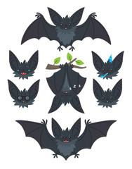 Fototapeta na wymiar Bat in various poses. Flying, hanging. Grey bat-eared snouts with different emotions. Illustration of modern flat animal emoticons on white background. Cute mascot emoji set. Halloween smiley.