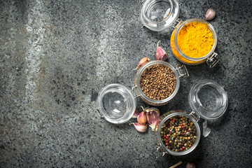Spices in glass jars.