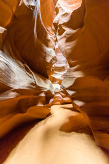 Small Path through Upper Antelope Canyon. Natural rock formation in beautiful colors. Beautiful wide angle view of amazing sandstone formations. Near Page at Lake Powell, Arizona, USA