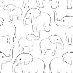 Seamless Pattern, Animals Elephants Outline Pictograms, Black Contours Isolated on Tile White Background. Vector