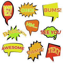 Set of nine cartoon comic balloon speech bubbles in flat style. Elements of design comic books with different phrases. Vector illustration
