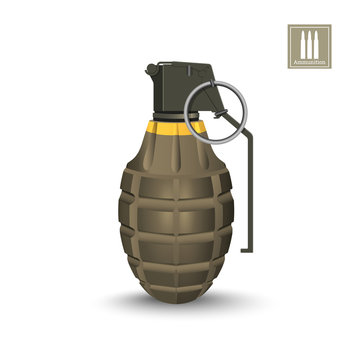 Detailed realistic image of hand grenade. Army explosive. 3d weapon icon. Military isolated object. Vector illustration