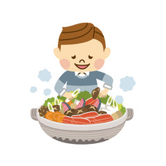 鍋を楽しむ男性