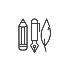 Ink pen, pencil and feather line icon, outline vector sign, linear style pictogram isolated on white. Writing symbol, logo illustration. Editable stroke