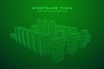 Mesh low poly wireframe cubes array like skyscraper city. Connected lines town. Connection Box Structure. Digital Data Visualization Concept. Vector Illustration.