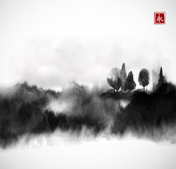 Stylized black ink wash painting with misty forest trees on white background. Traditional oriental ink painting sumi-e, u-sin, go-hua. Hieroglyph - eternity.