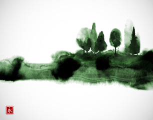 Fototapeta premium Stylized ink wash painting with green misty forest trees. Traditional oriental ink painting sumi-e, u-sin, go-hua. Hieroglyph - eternity.