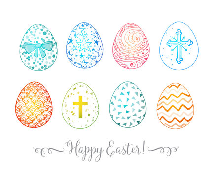 Set of hand-drawn colored ornated easter eggs on white background.