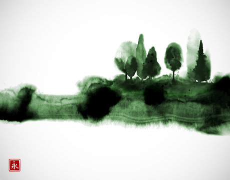 Fototapeta Stylized ink wash painting with green misty forest trees. Traditional oriental ink painting sumi-e, u-sin, go-hua. Hieroglyph - eternity.
