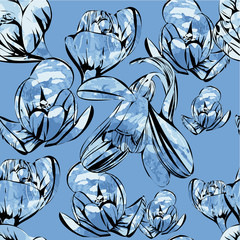 Materiał do szycia illustration of seamless pattern First Snowdrops Galanthus Flowers. with watrcolor effects. Spring background, wallpaper and printable wrapping paper
