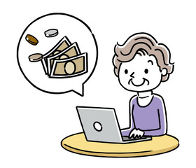 シニア女性：パソコンとお金
