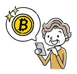 シニア女性：：スマートフォン、仮想通貨
