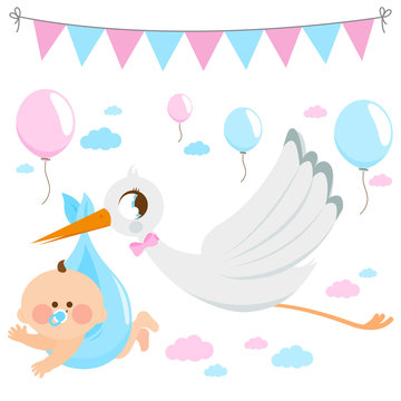 Stork delivering a new baby. Vector illustration collection