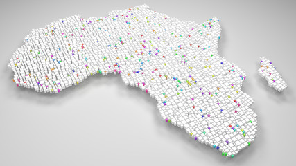 Map of Africa | 3d Rendering, mosaic of little bricks - White and Harlequin colors