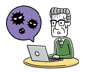 シニア男性：パソコン、ウイルス、感染
