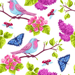 Spring garden seamless pattern. Natural illustration with blossom flower, robin birdie and butterfly