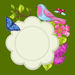 Spring garden frame. Natural illustration with blossom flower, robin birdie and butterfly