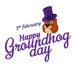 Cartoon Old Groundhog in hat and the inscription: 2 february. Happy Groundhog Day. Vector illustration. Perfect to use flyers, posters, vouchers, banners advertising design and other creative projects