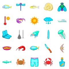 Fishing icons set, cartoon style
