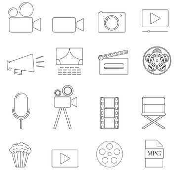 Line cinema icons set. Videocamera, photo, film, cinematography icon