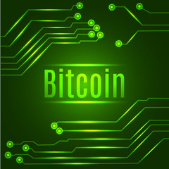 Green bitcoin digital currency concept on circuit board. Vector illustration.