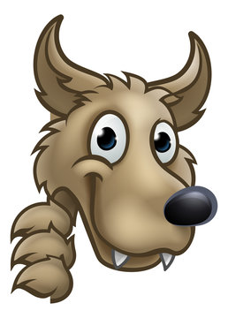 Wolf Cartoon Character Mascot Peeking Around Sign
