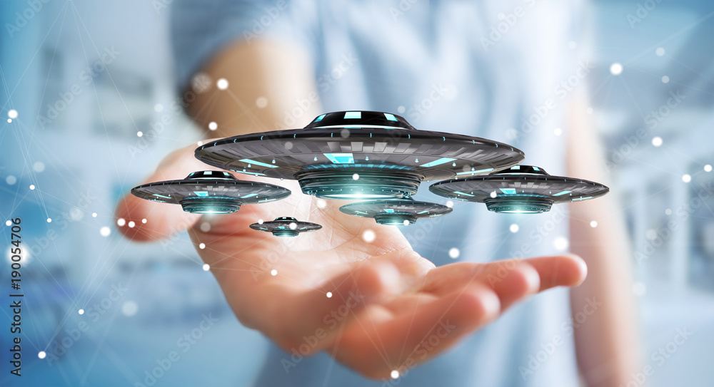 Poster businessman with retro ufo spaceship 3d rendering