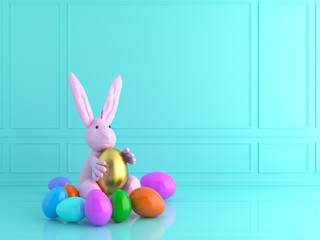 golden and blue easter egg with rabbit . 3d rendering image