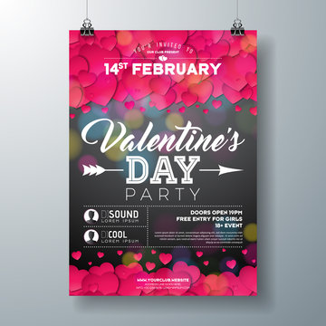 Vector Valentines Day Party Flyer Illustration with Typography and Red Heart on Black Background. Celebration Poster Template Design for Invitation or Greeting Card.