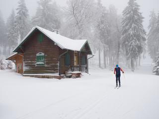 Skilangläufern an deiner Holzhütte